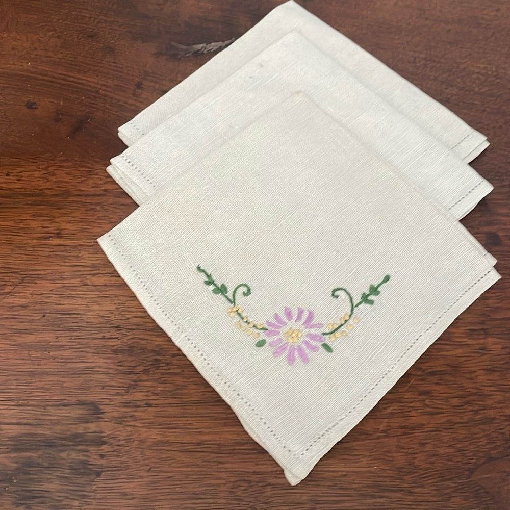 Set of three vintage hand, embroidered napkins